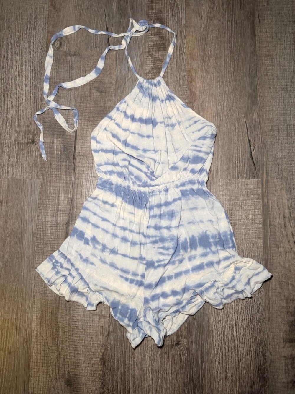 Blue Tie Dye Halter Romper Rayon Ruffle Hem Boho Summer S